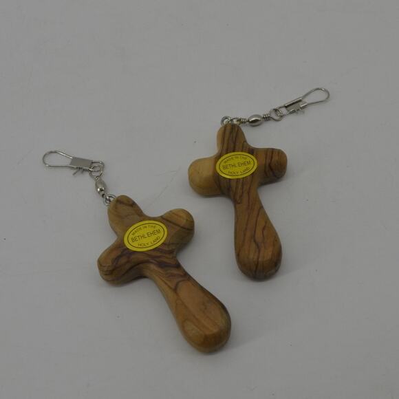 Lot of 2 Crosses Fishing Hooks Hand Carved 3.5" Natural Wood - Picture 2 of 7